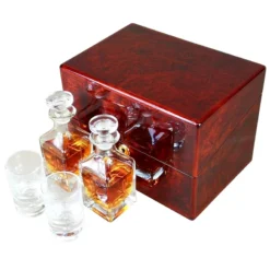 Hillwood Double Mini Decanter And Crystal Shot Glass Set & Makah Burlwood Box